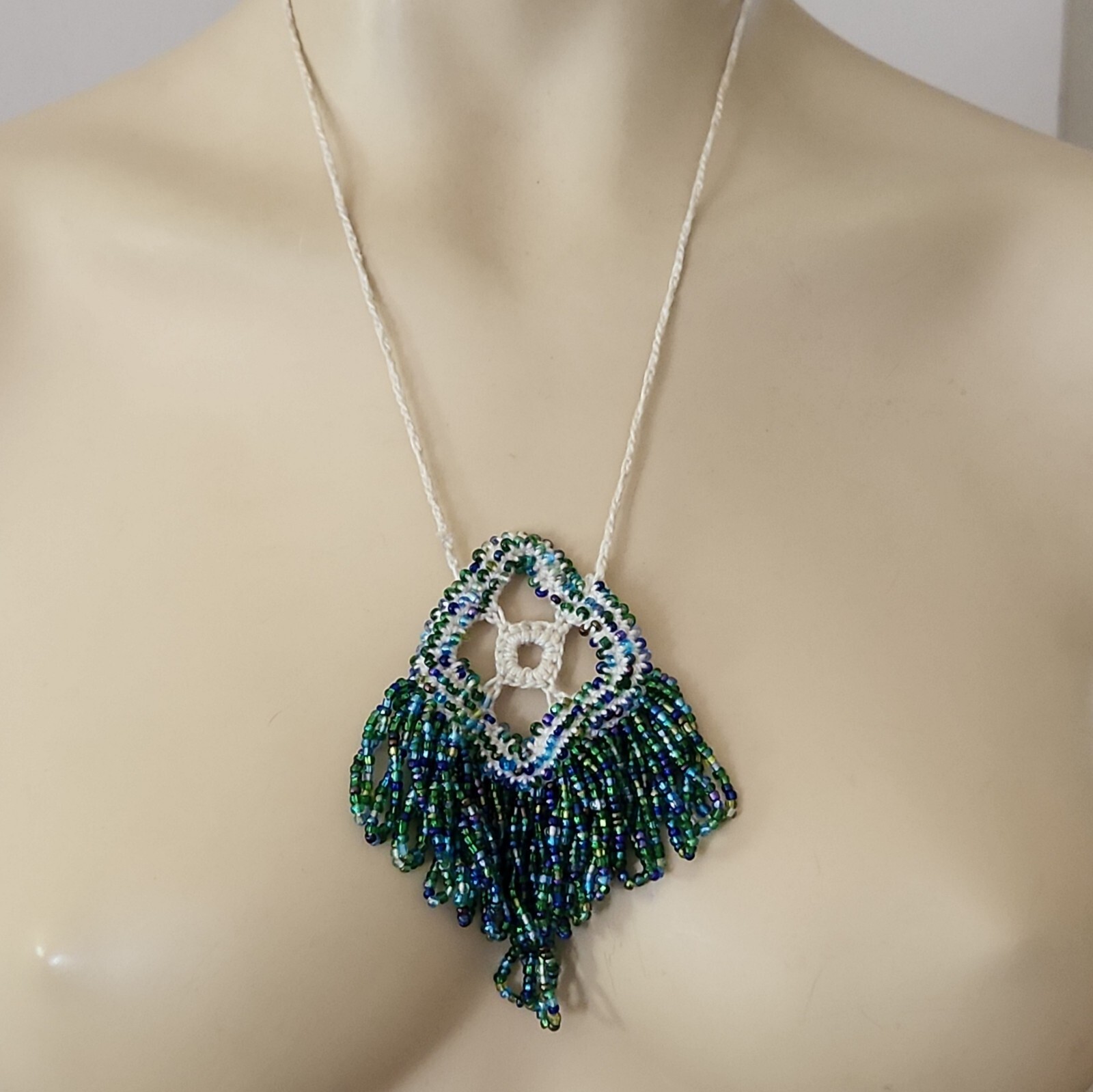 18.5″ Artisan Made Cord Glass Seed Bead Blue Green Necklace Fringe No Metal