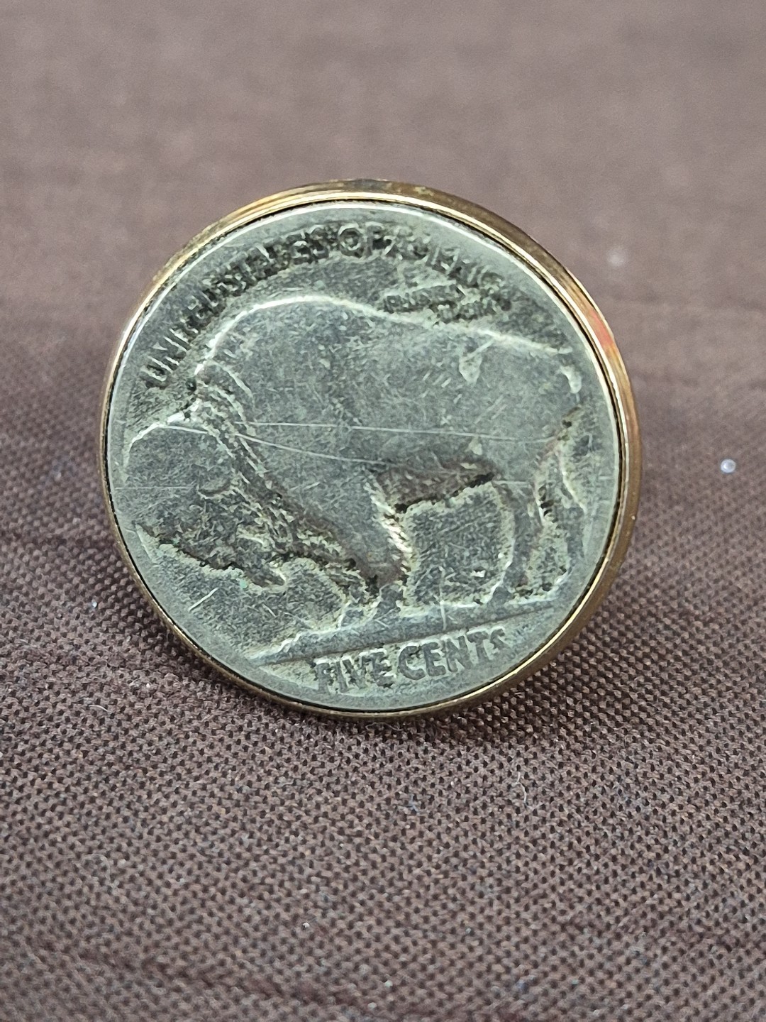 1937 Cufflinks Buffalo Indian Head Nickel Coins Set in Goldtone Bezel Mounting