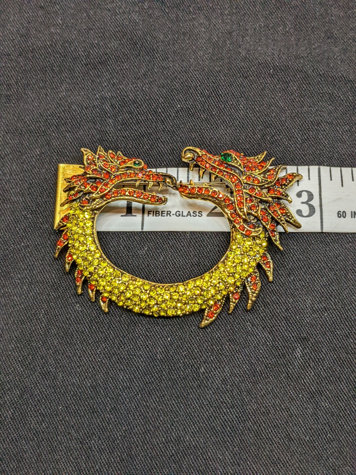 Vtg Dragon Brooch Gold Tone Green Red Rhinestone Chinese Fantasy Statement Pin
