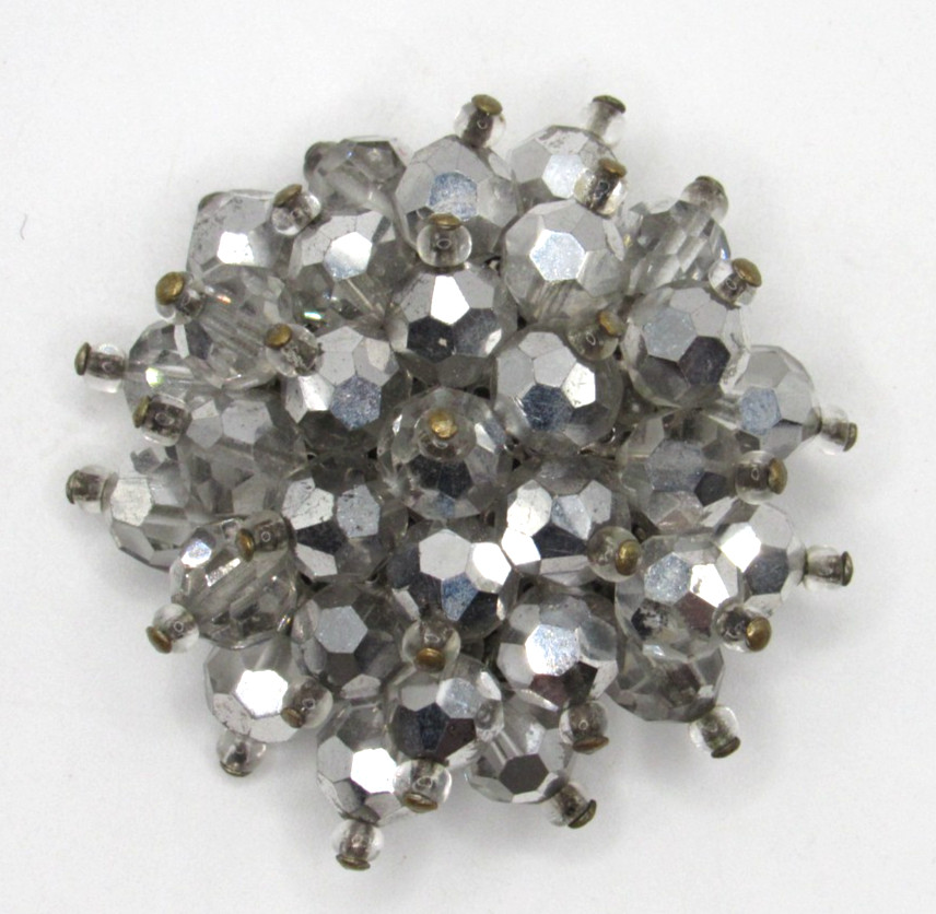 Vtg Gray cluster bead silver tone FLOWER GEOMETRIC 3D Brooch silver tone Pin