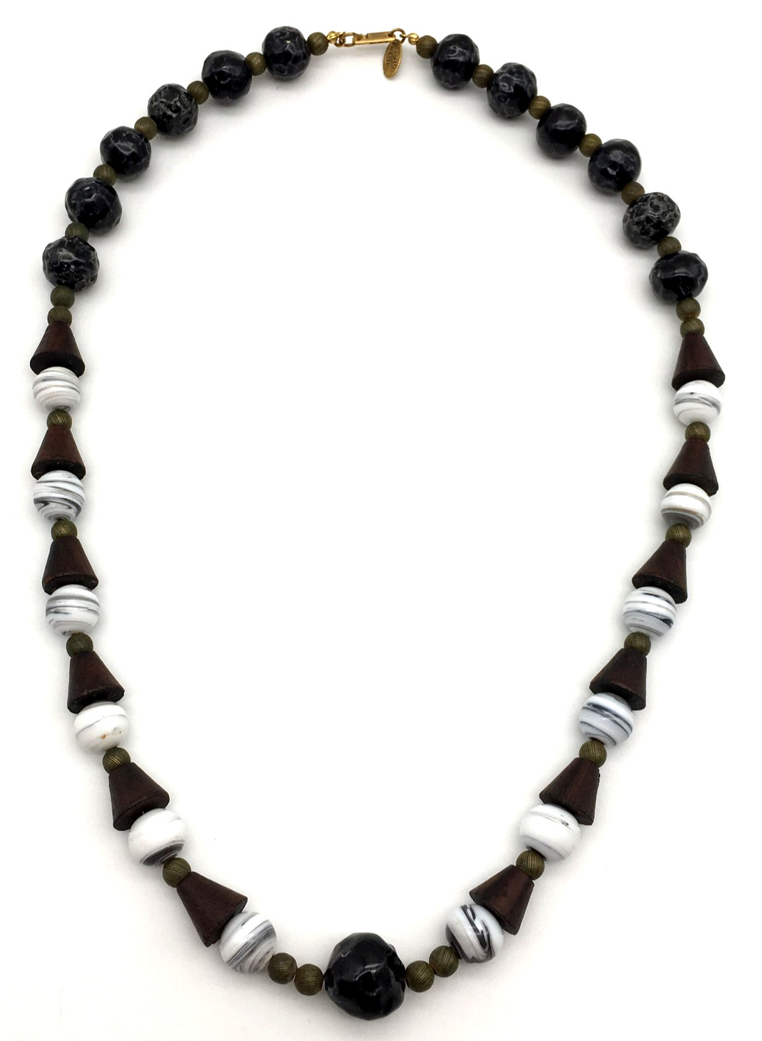 Miriam Haskell Signed Black Ceramic Cone Wood White Art Glass Beads 24″ Necklace