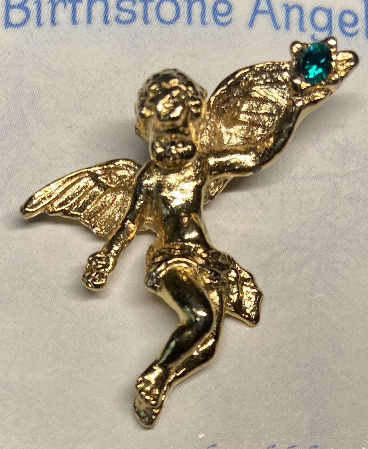 May Birthstone Gold-tone Angel Pin Rhinestone Emerald Green Birthday Brooch New