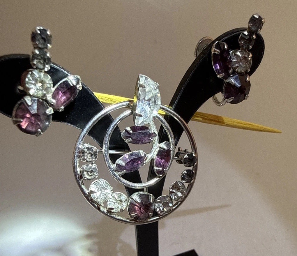Vintage Earrings & Brooch Silver tone With Amethyst & Grey & White Rhinestone