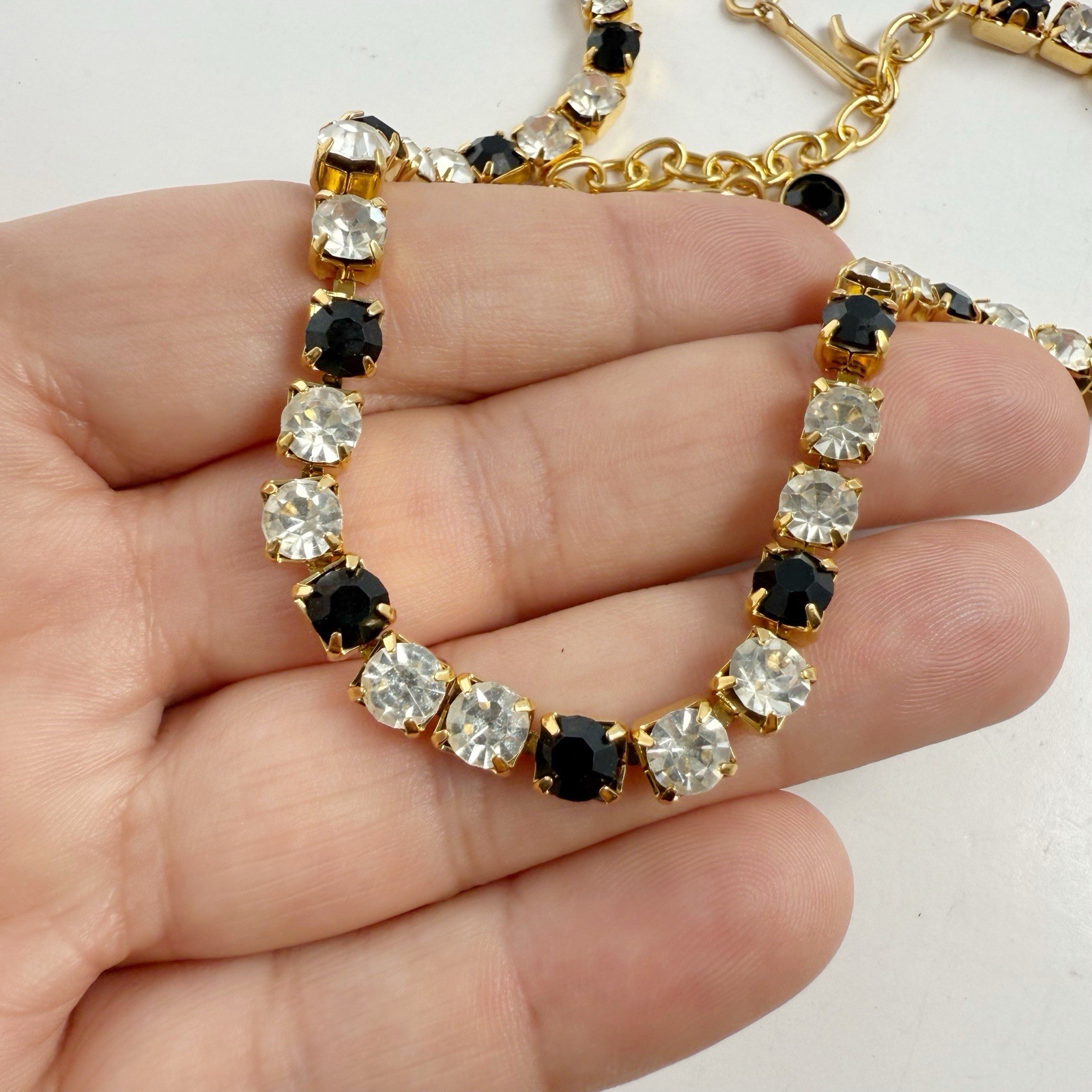 Vintage Trifari Black & Clear Rhinestone Tennis Choker Necklace Goldtone