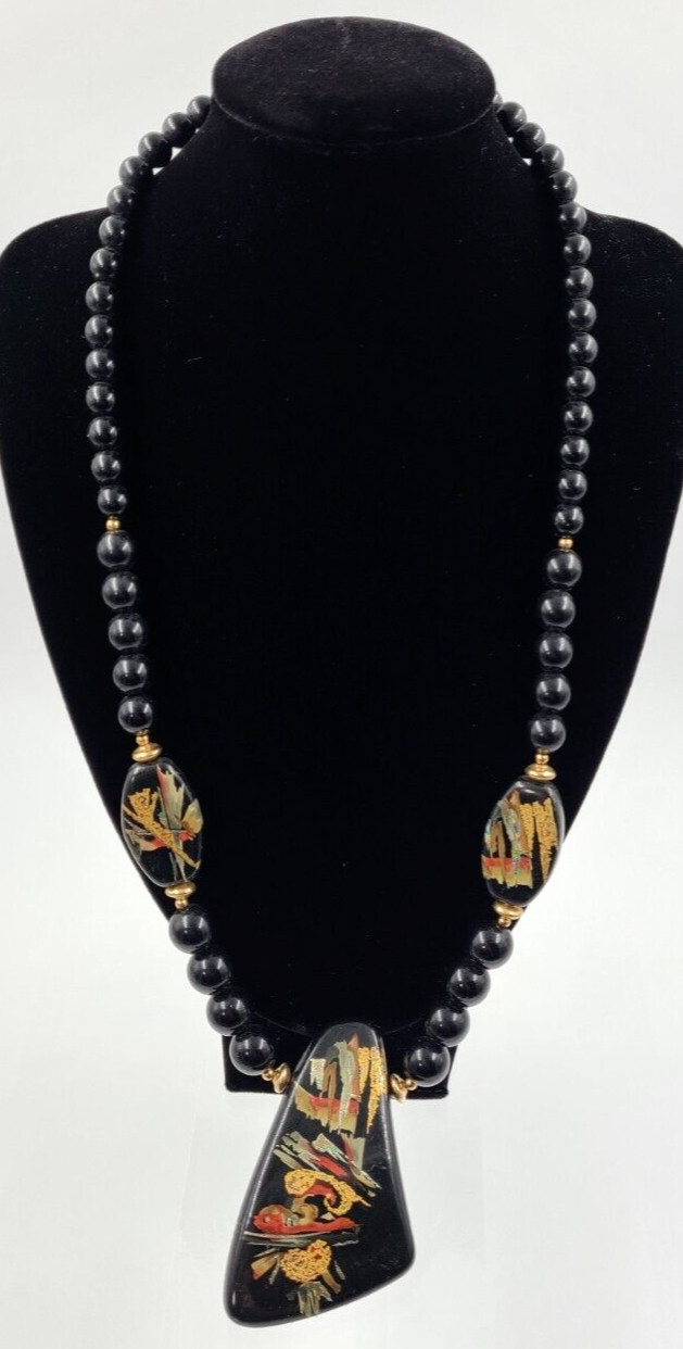 Vintage Asian Hand Painted Black/Gold/Red Lacquer Necklace Made in Japan