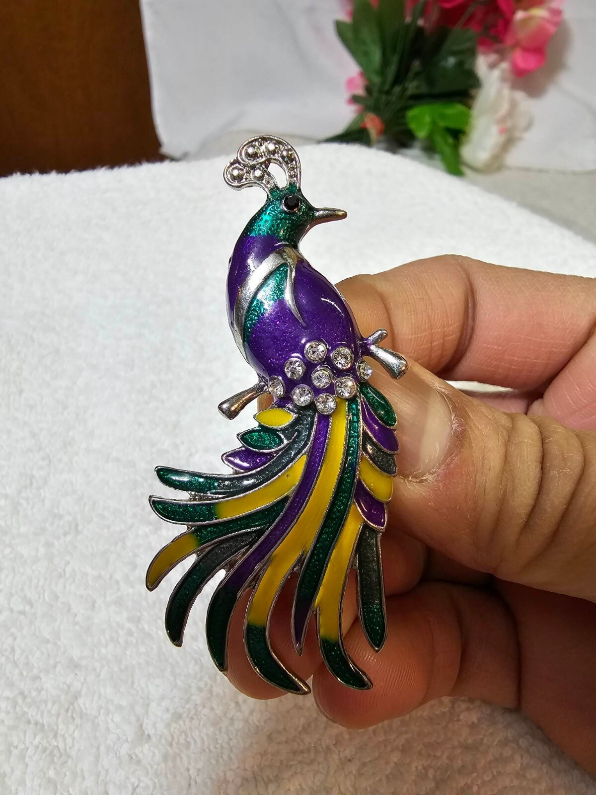 Silvertone Brooch Pin Peacock Bird of paradise Clear Stone & Purple Yellow Green