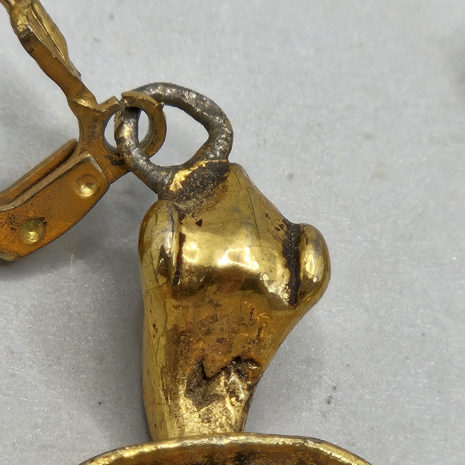 Vintage Gold Tone Turtle Earrings Dangle Hook Pierced Faux Druzy Stone Chunky2″