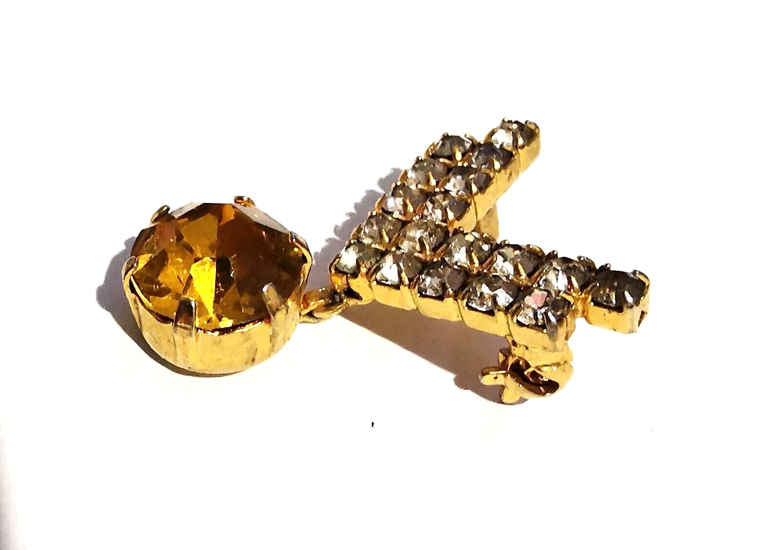Vintage Czech Small Brooch Cognac Tone Glass Pendant Clear Rhinestones Handmade