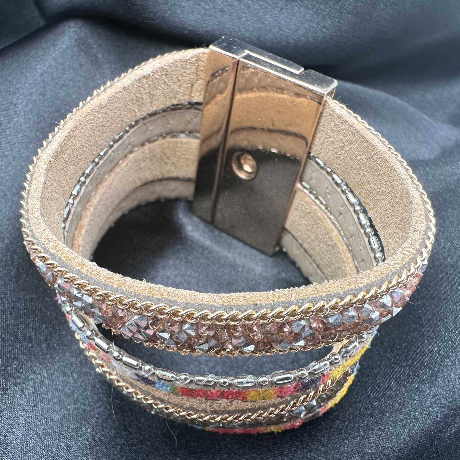 Vintage 90s Multi-Strand Wrap Bracelet Glass Fabric Statement Fashion Jewelry