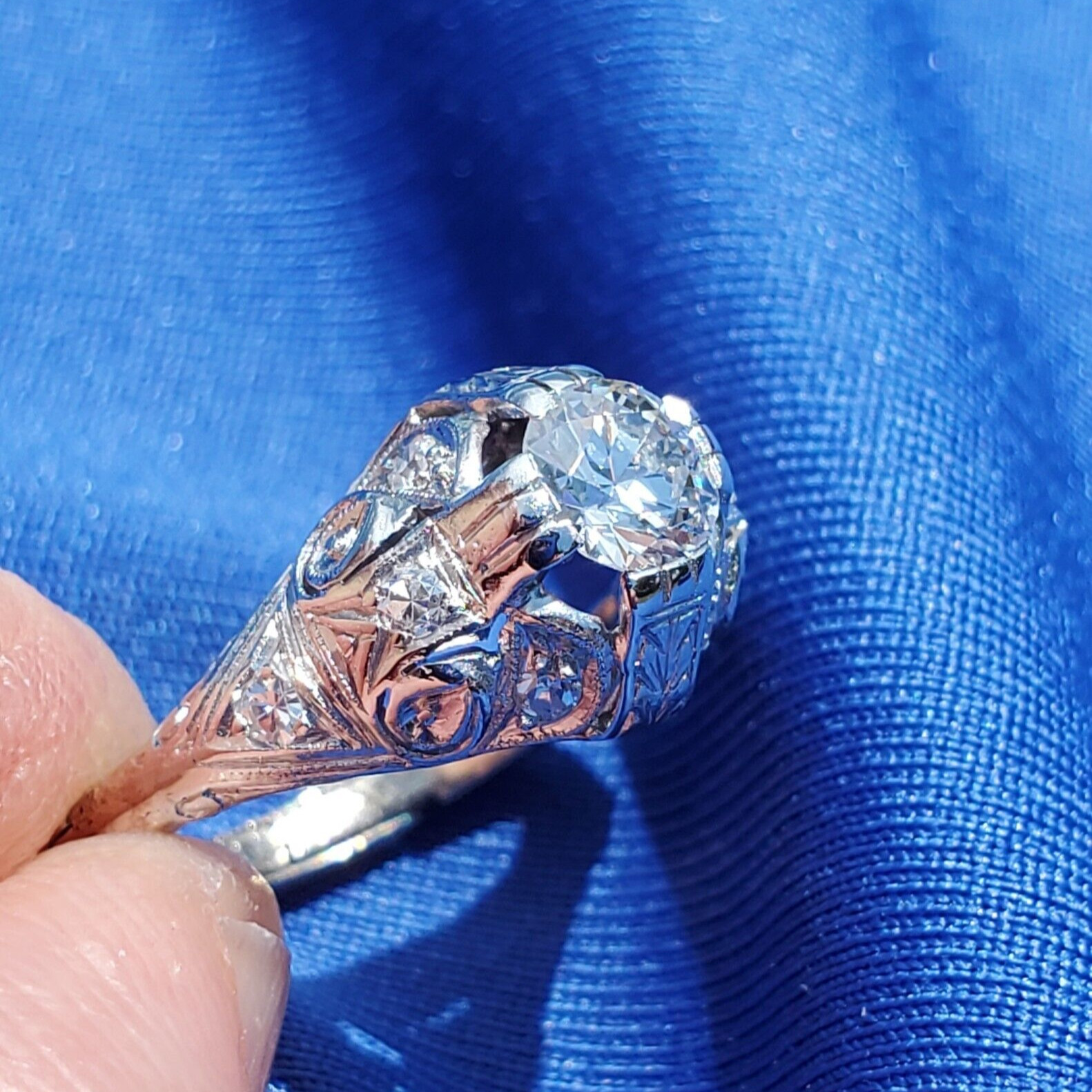 Original EARTH MINED DIAMOND art DECO Engagement Ring Vintage PLATINUM Solitaire