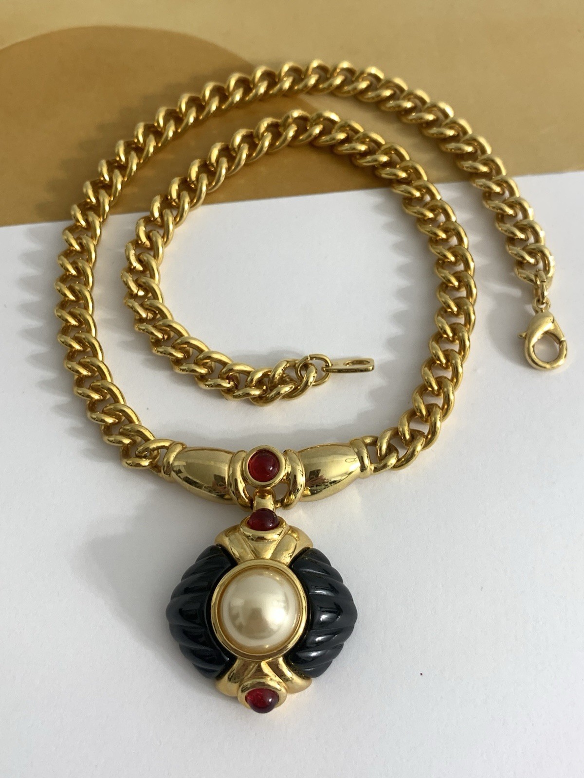 Vintage IVANA Trump Necklace Gold Tone Red Glass Cabochons Carved Black Lucite