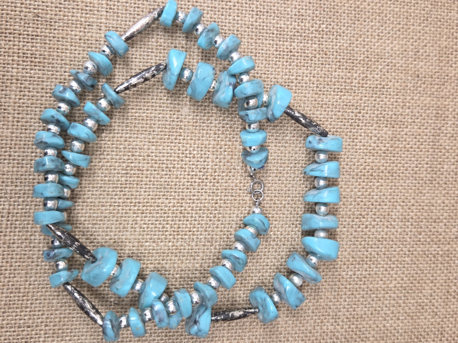 Vintage Turquoise Chunky Beaded Necklace and Clip On Earrings Set