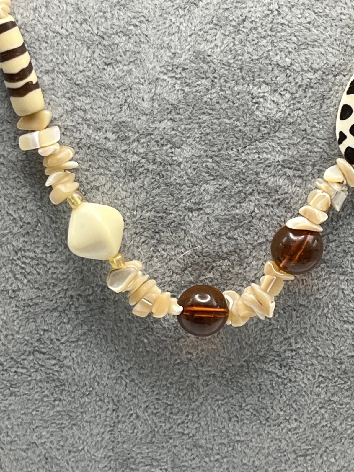 Vintage Shell And Acrylic Animal Print Carved Elephant Asymmetrical Necklace