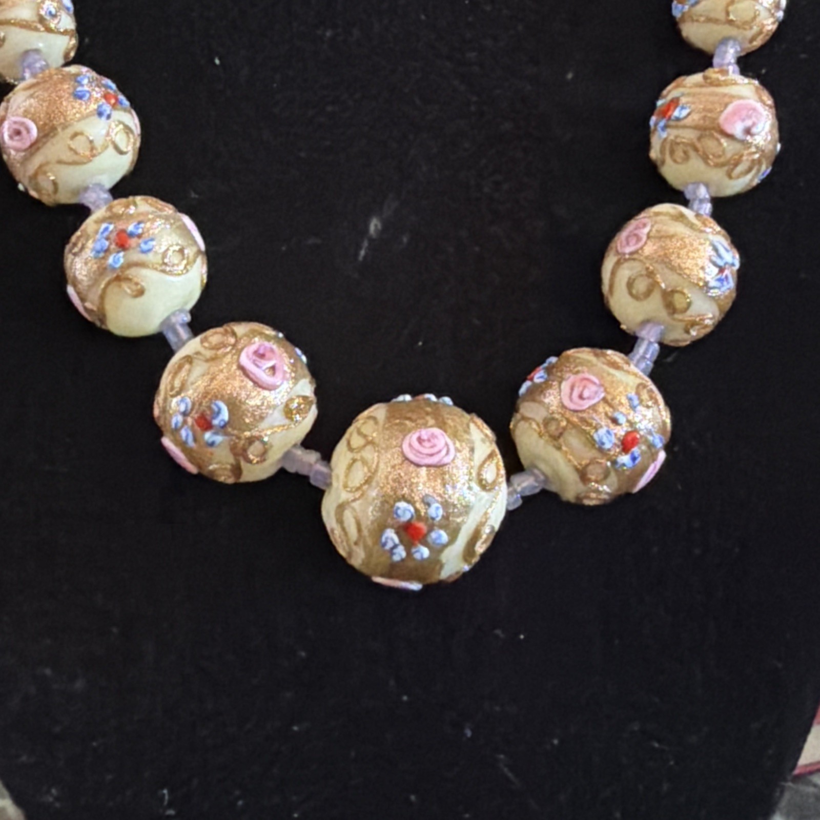 Vintage Murano Venetian Art Glass Necklace, Wedding Cake beads Ivory Gold Pink!