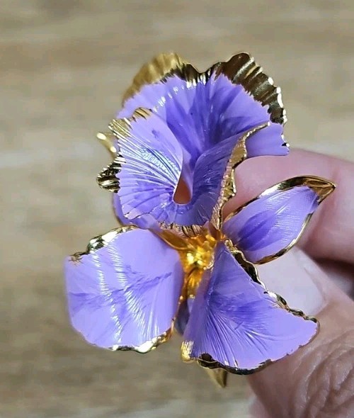 Flower Orchid Purple Enamel Vintage Gold Brooch 1.85″