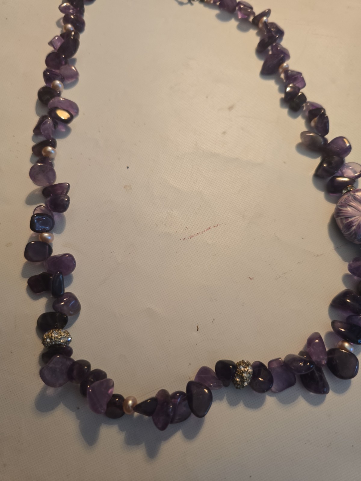 Vintage Amethyst Necklace Dark Purple Tumbled Polished Chips Pearl Rhinestone