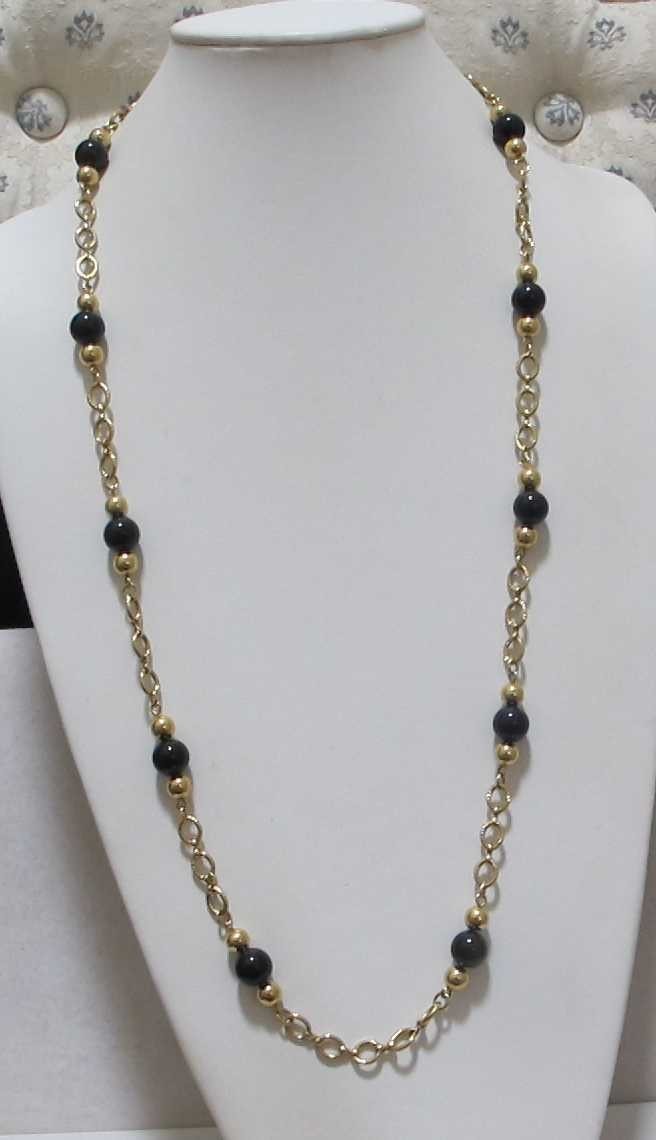 Vintage MONET Gold Tone Oval Links Black Bead Sister Clasp 34” Station Necklace