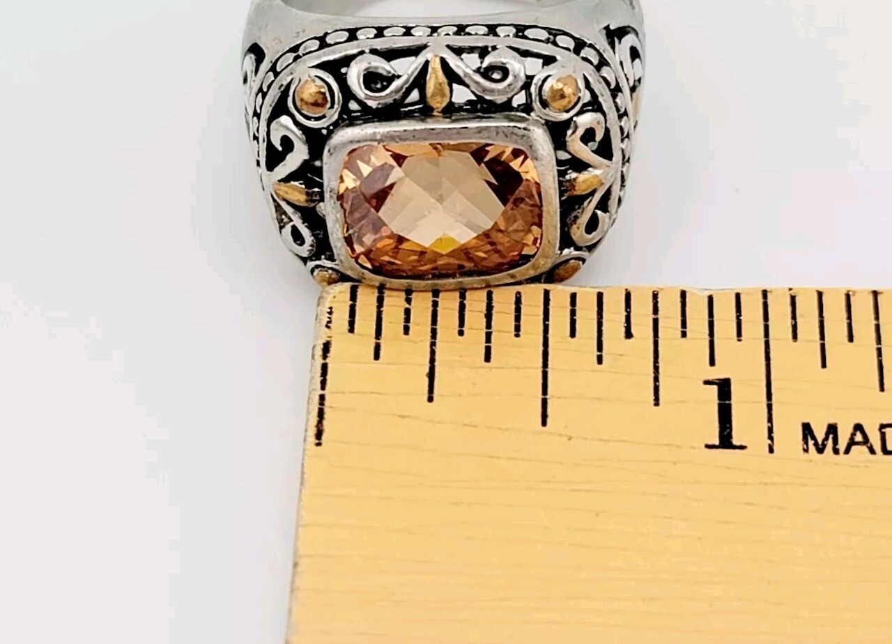 Vtg Ring Sz 8 Citrine Topaz Amber Cubic Zirconia Medieval Jewelry Flower A#04