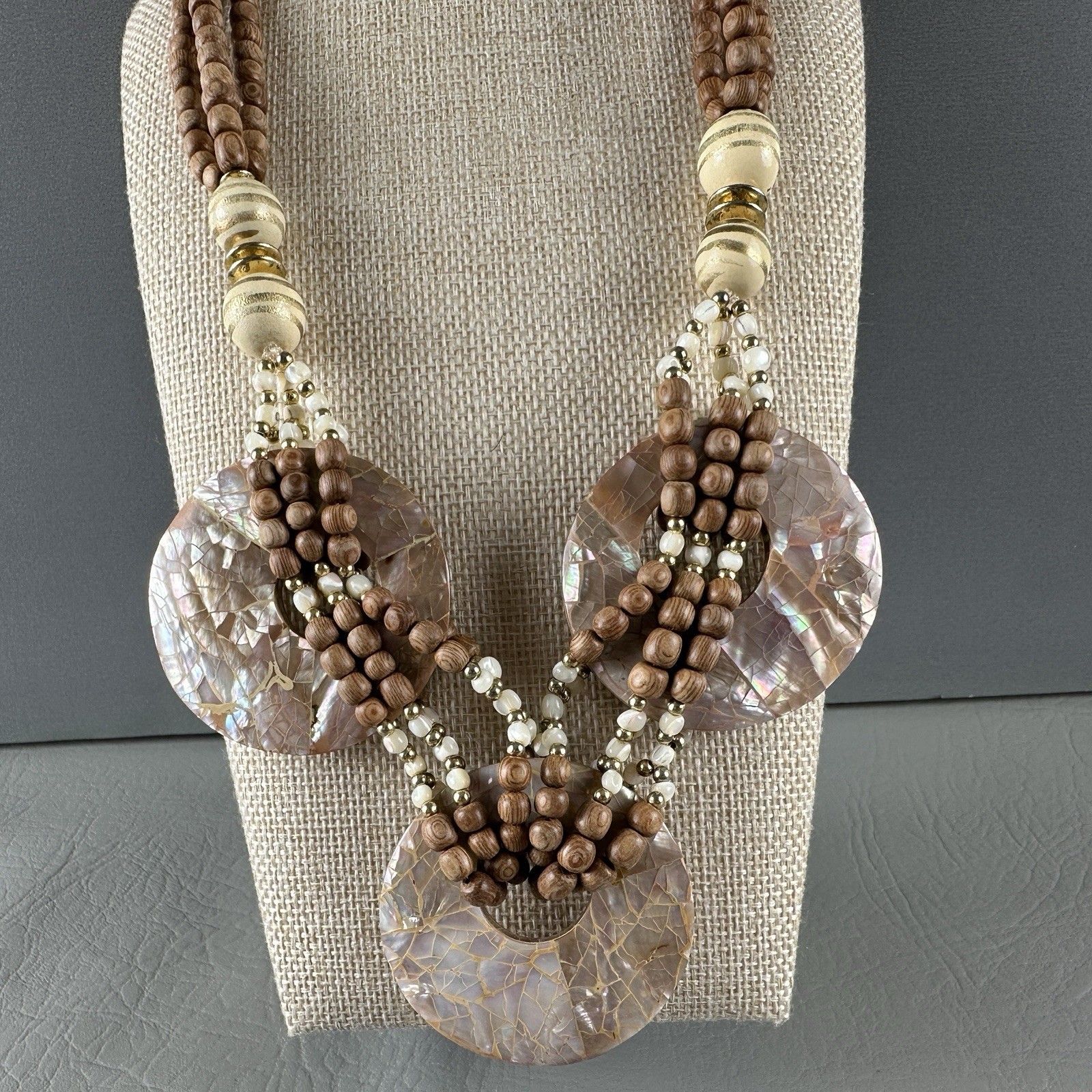 Vintage Mother of Pearl Necklace Bead Statement Multi Strand Disc 23″