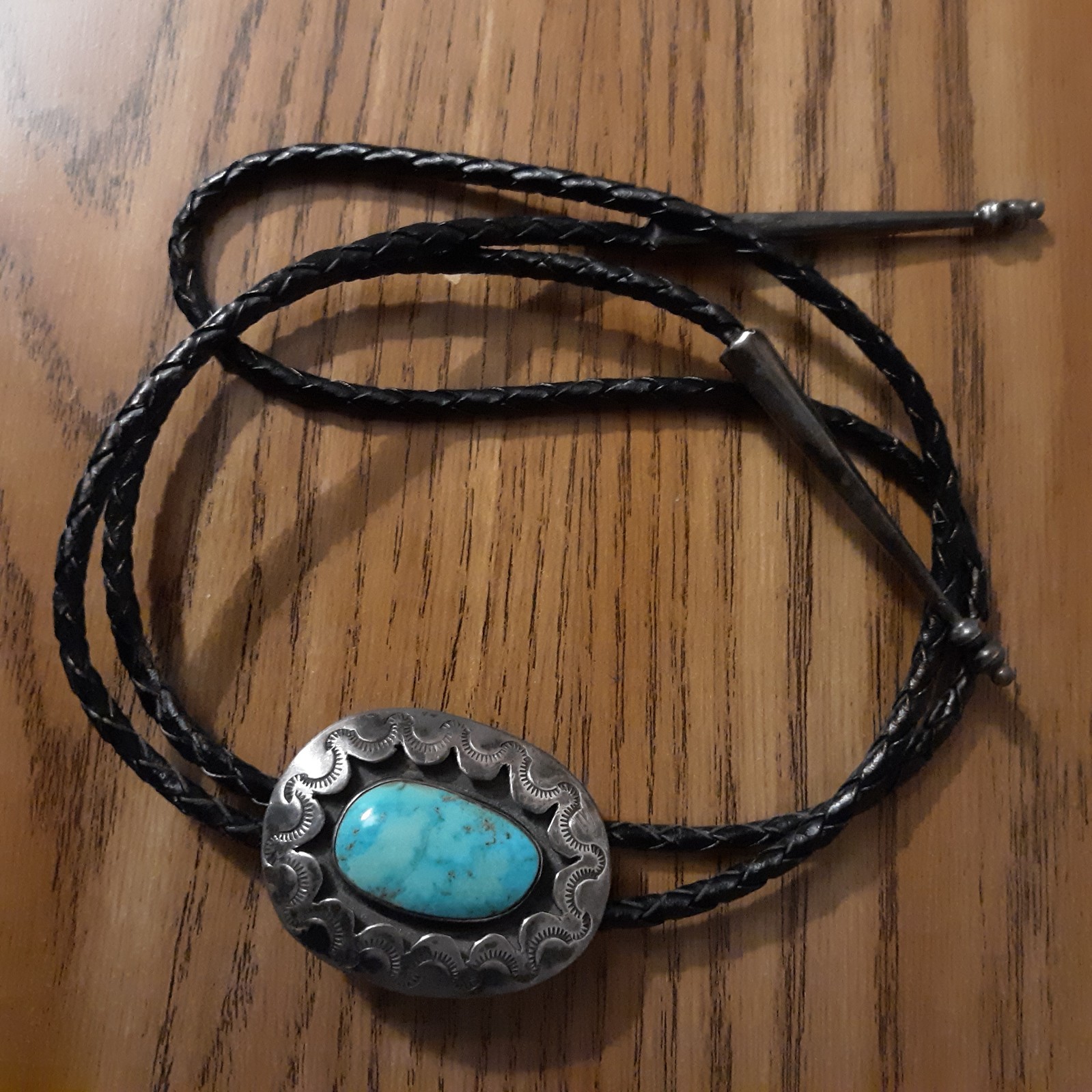 Vtg Bennett Pat Pend Bolo Tie Slide Turquoise Silver Black Leather Cord L 18″