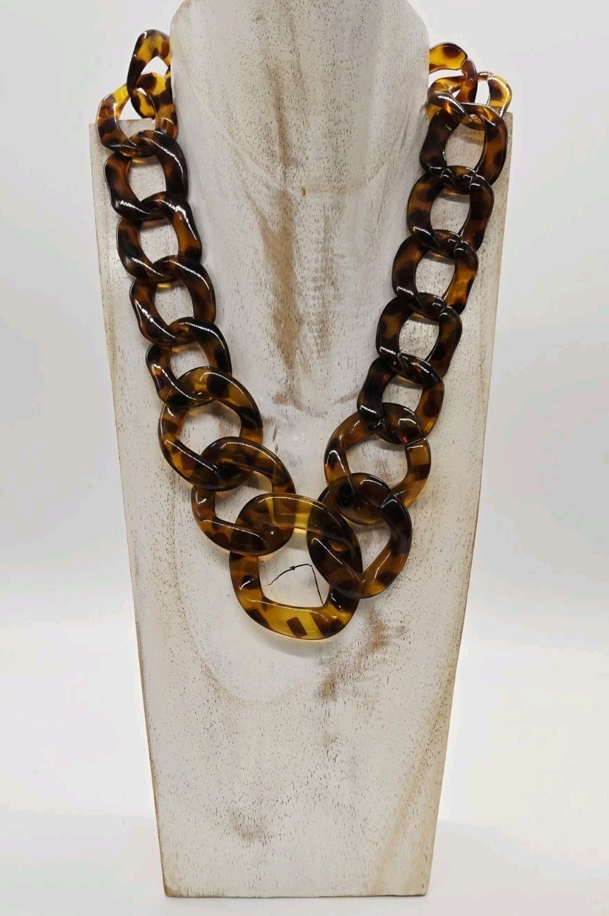 Faux TORTOISE SHELL Necklace Rootbeer Lucite Acrylic Chain Link Rings Graduated