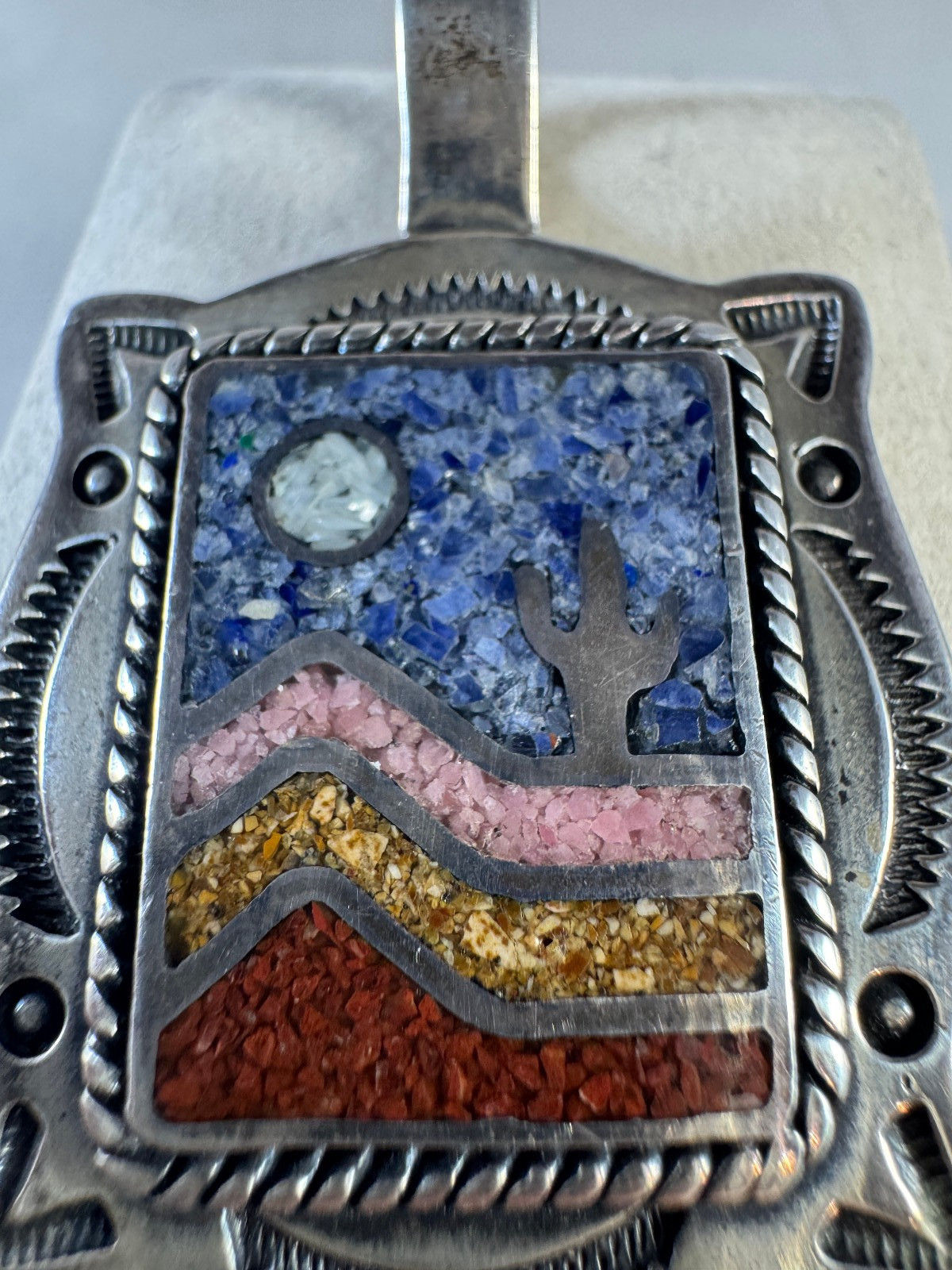 Vintage CJ Sterling Silver Inlay mosaic stone in landscape design pendant