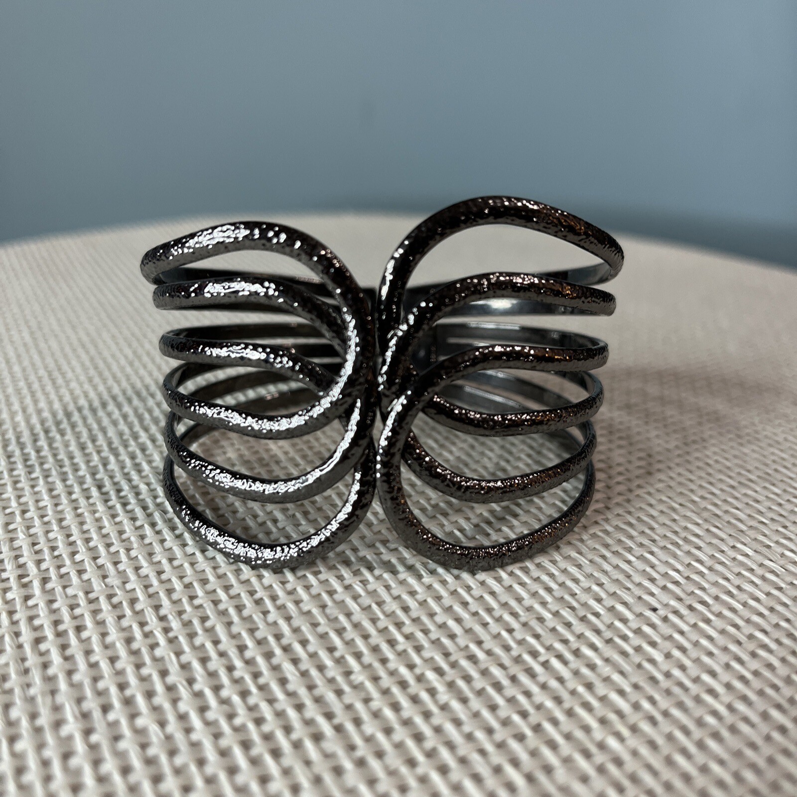 Vintage Grey Metal Scalloped Front Opening Hinged Cuff Bracelet