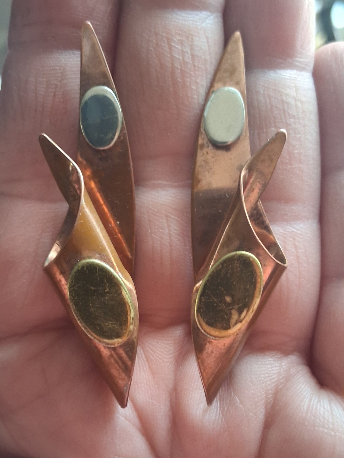 Mid century modern MCM copper abstract mixed metal large earrings