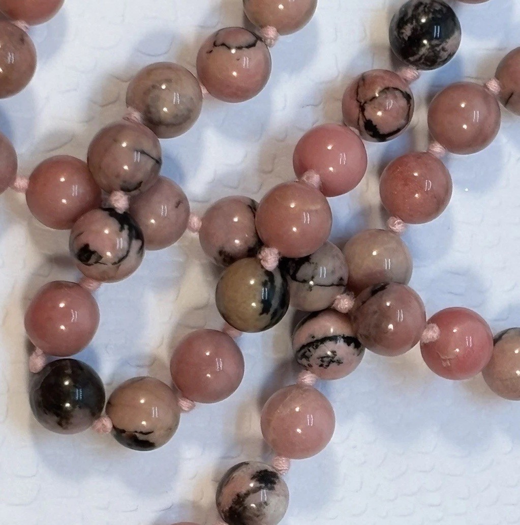 Vintage Pink/Black Rhodonite 8mm Beaded 30” Necklace Hand Knotted Silk No Clasp