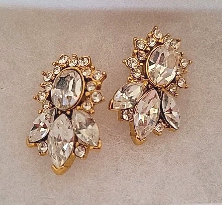 Vintage Rhinestone Pierced Earrings Goldtone Metal Settings about 1 inch length