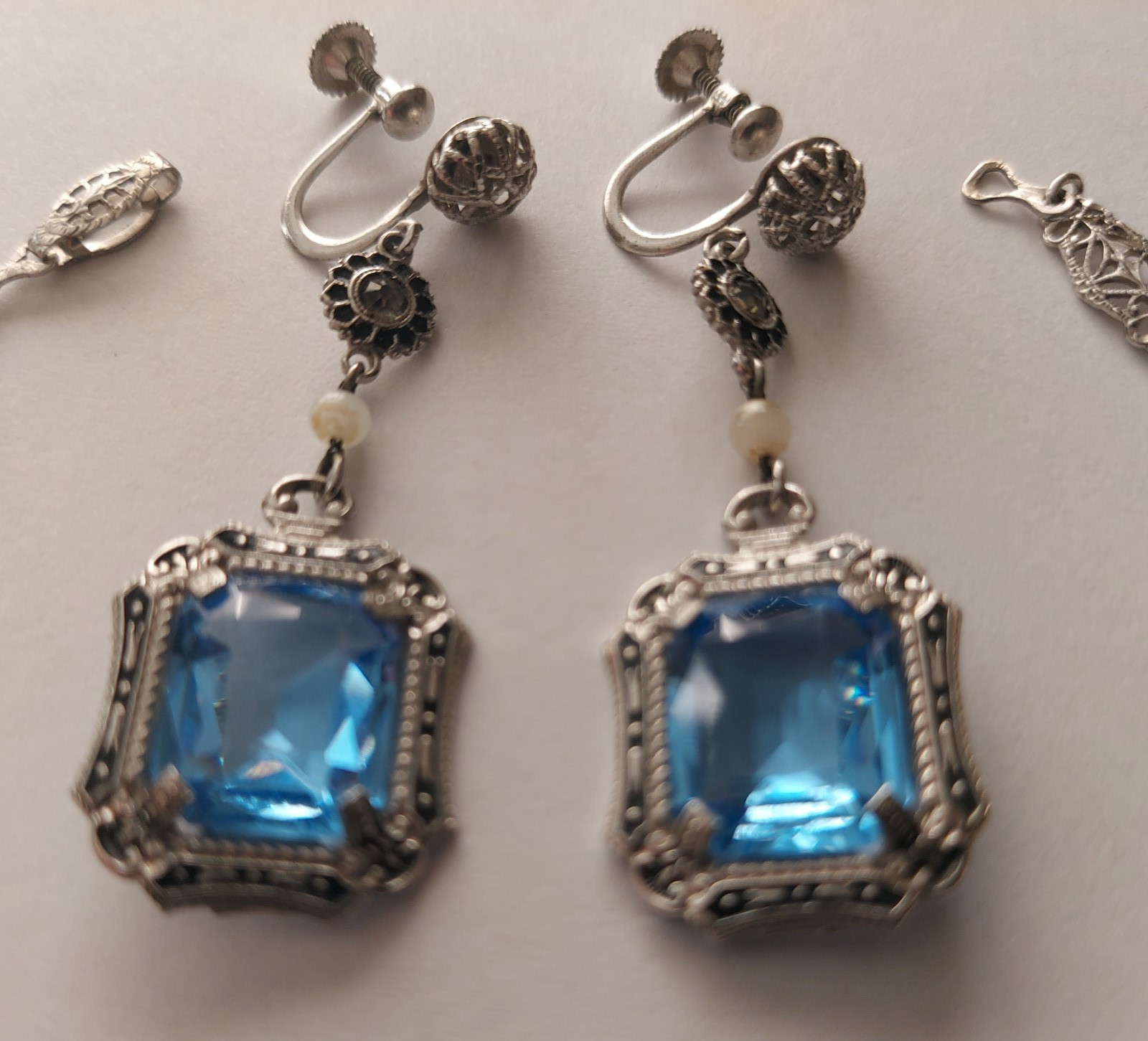 Antique Art Deco Blue Faceted Glass Ornate Filigree Bracelet & Earrings Set