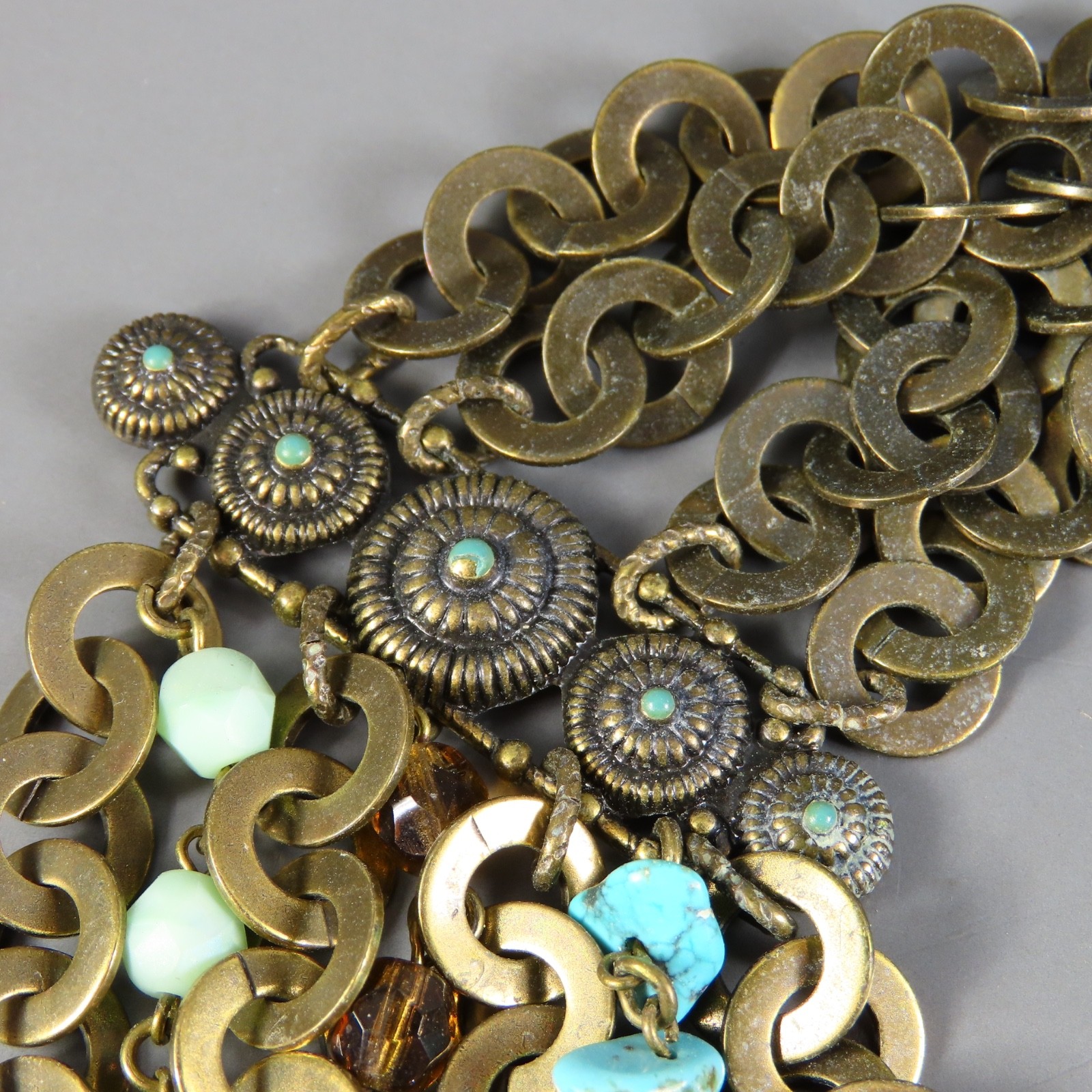 VTG Satellite Beaded Necklace BRONZE TONE Turquoise AGATE PENDANT Blue Brown