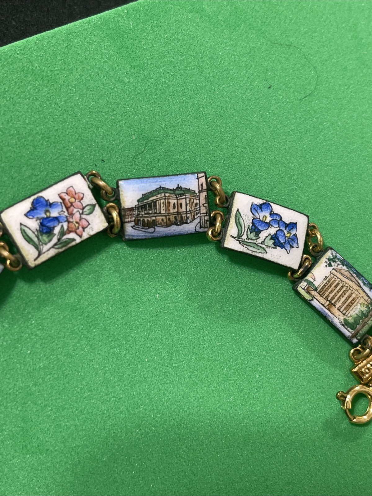 Vintage Enamel Budapest Souvenir Bracelet Showing Buildings & Colorful Flowers