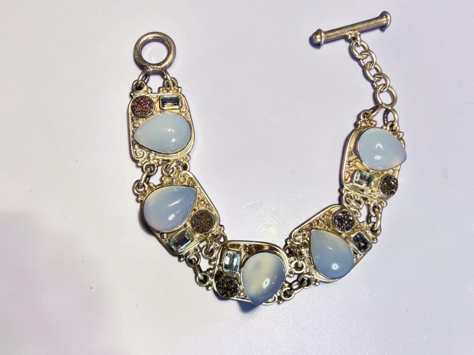 Sajen 925 Silver Chalcedony Moonstone Iolite Druzy Ring Bracelet Earrings Set