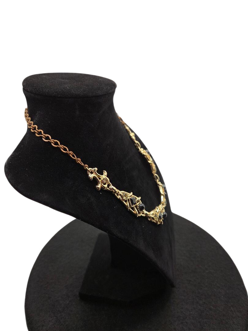 Gold‑Tone Filigree Necklace Ornate Links Black Glass Unmarked Statement Piece