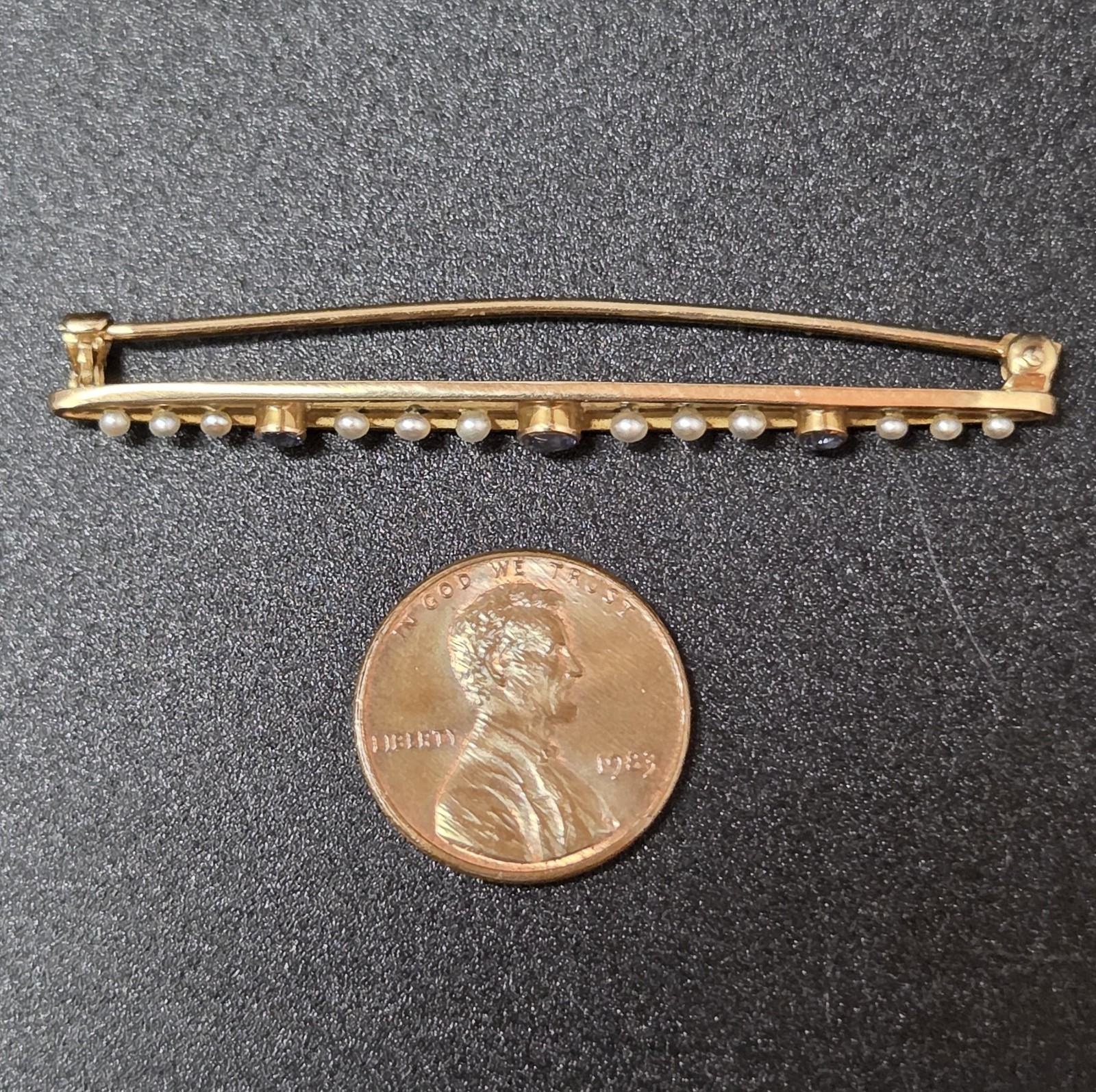 14K Yellow Gold Edwardian Topaz Pearl 2-1/4″ Bar Pin 3.3g Vintage