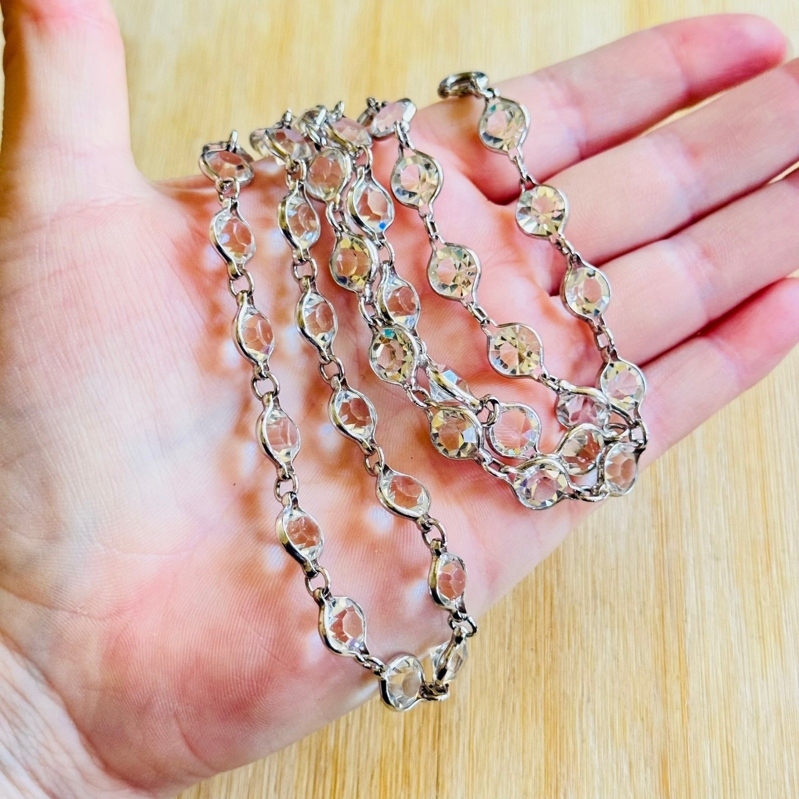 VTG Necklace Pointed Back Austrian Crystal Open Bezel Silver Tone Strand 30″