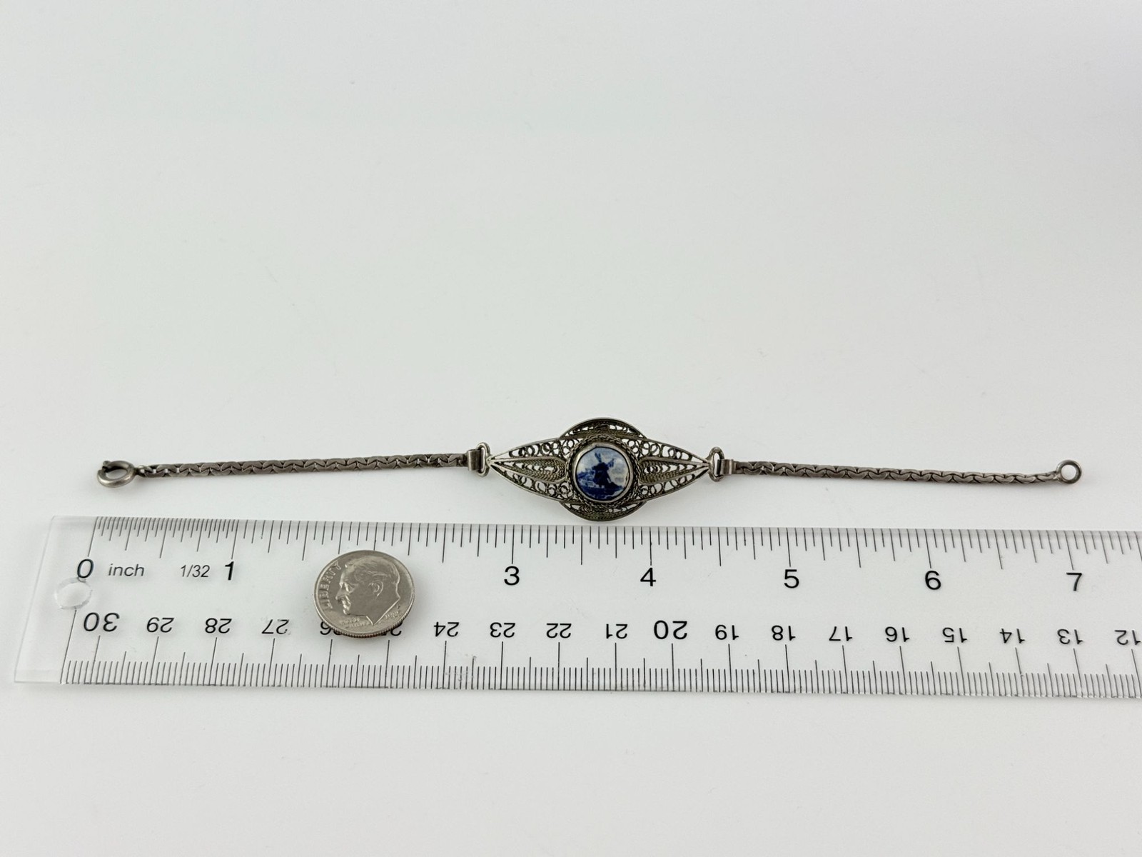 Vintage 800 Silver Filigree Blue Delft Dutch Porcelain Windmill Bracelet 7.25 In