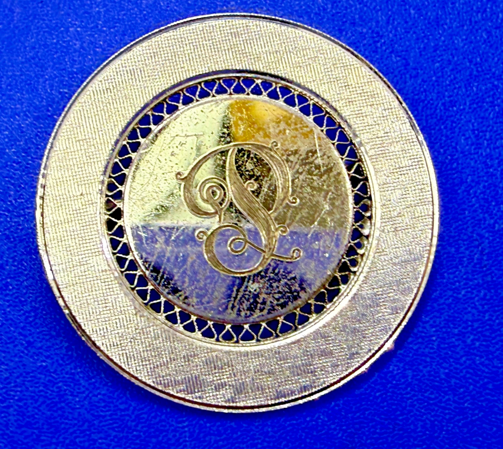 Initial Letter P ? Calligraphy On Vintage Sterling Silver Round Disc Brooch