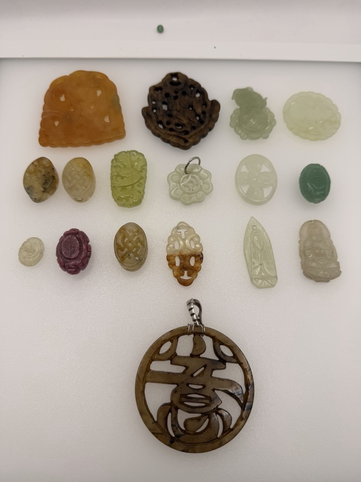 Lot of 17 Carved Semi Precious Stone Pendants Jade Agate Quartz Vintage Chinese