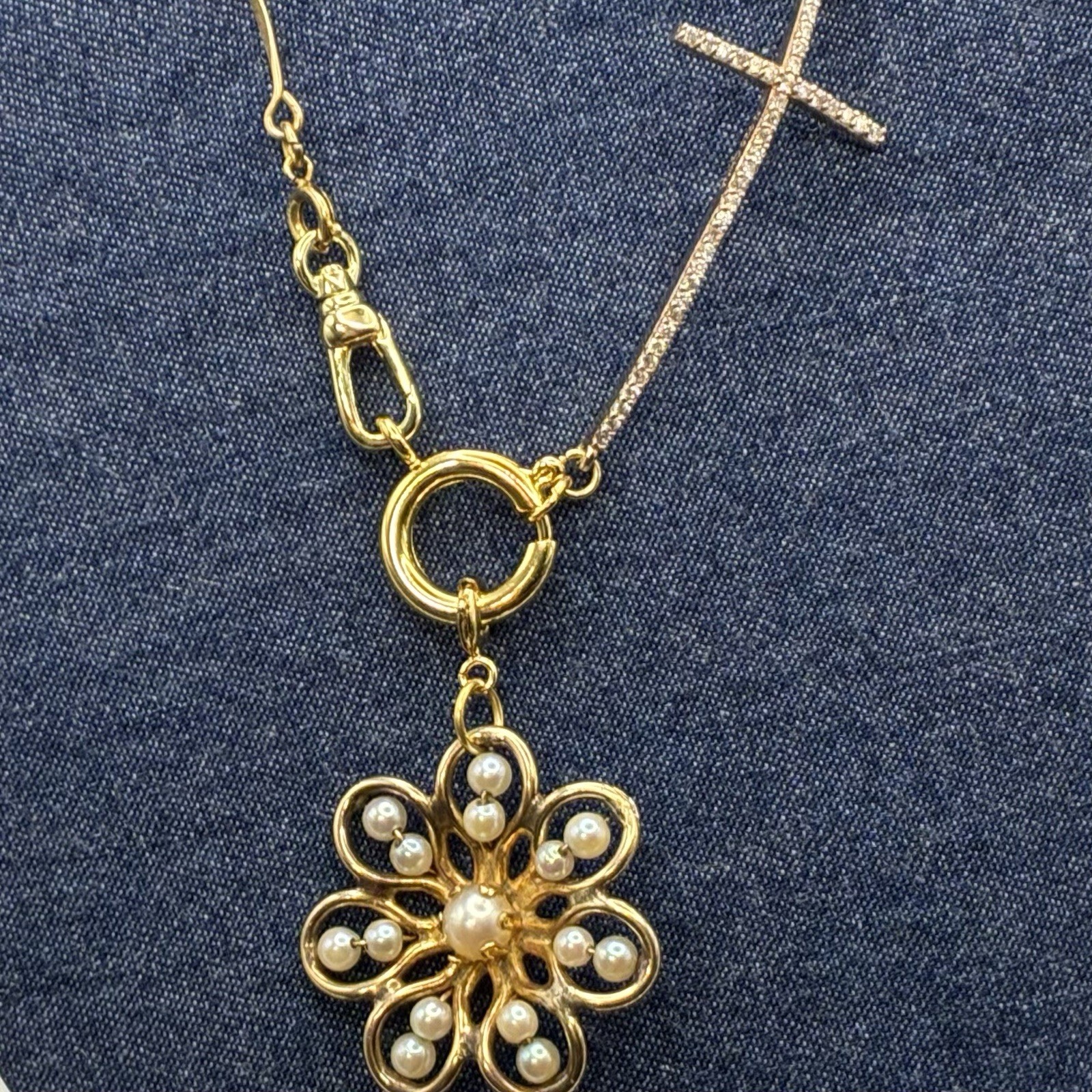 Vintage 12k Gold Filled Pocket Watch Chain FOB, Dog Clip, Cross & Pearl Charms