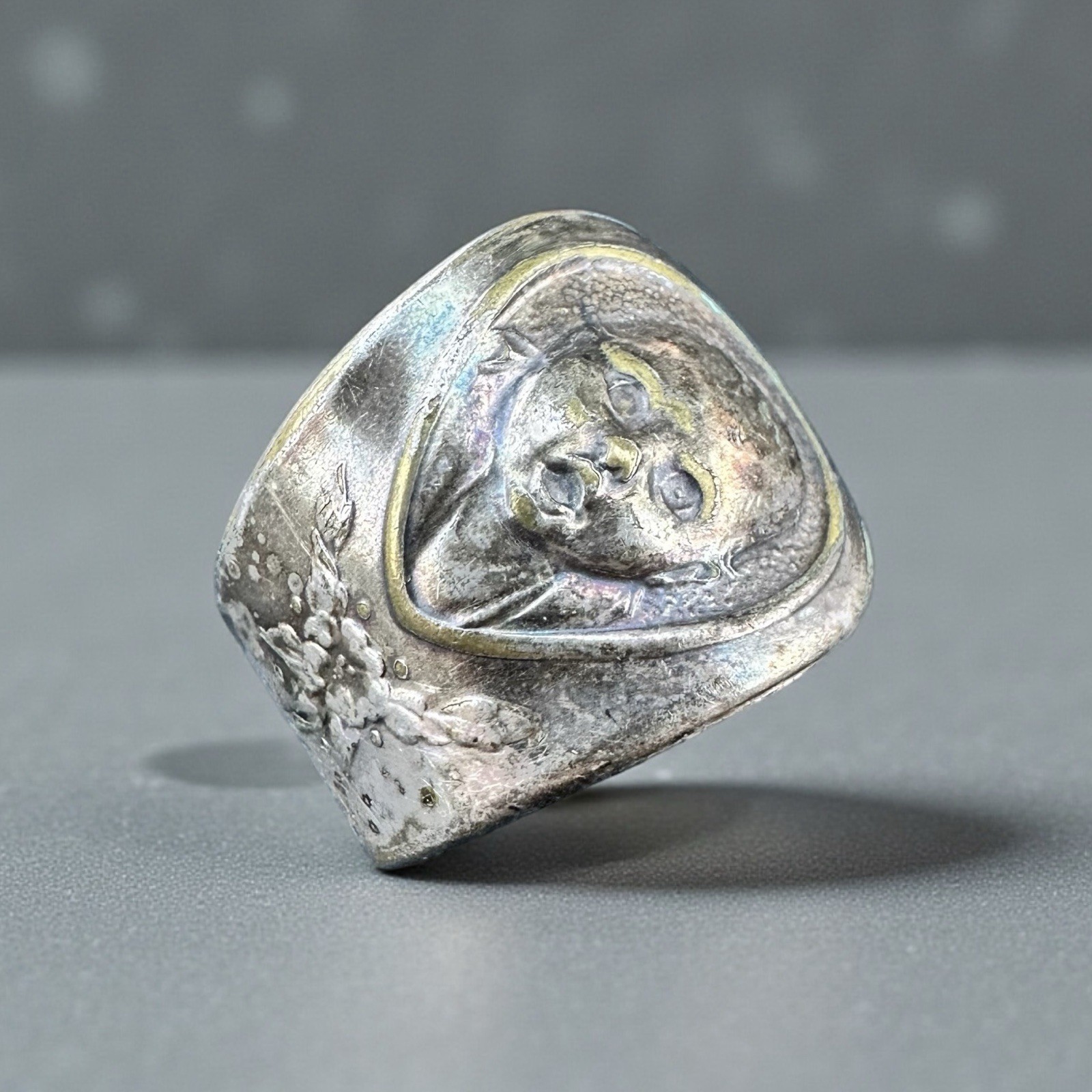Vintage Oneida Gerber Baby Spoon Ring Heavy Patina Engraved 1981 Silver Size 8