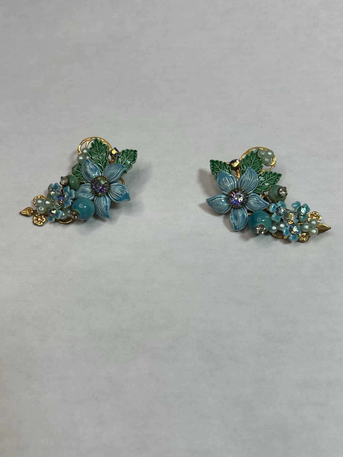 Miriam Haskell Lever Back Clip Earrings Blue Enamel AB Stones & Sim Pearls RARE!