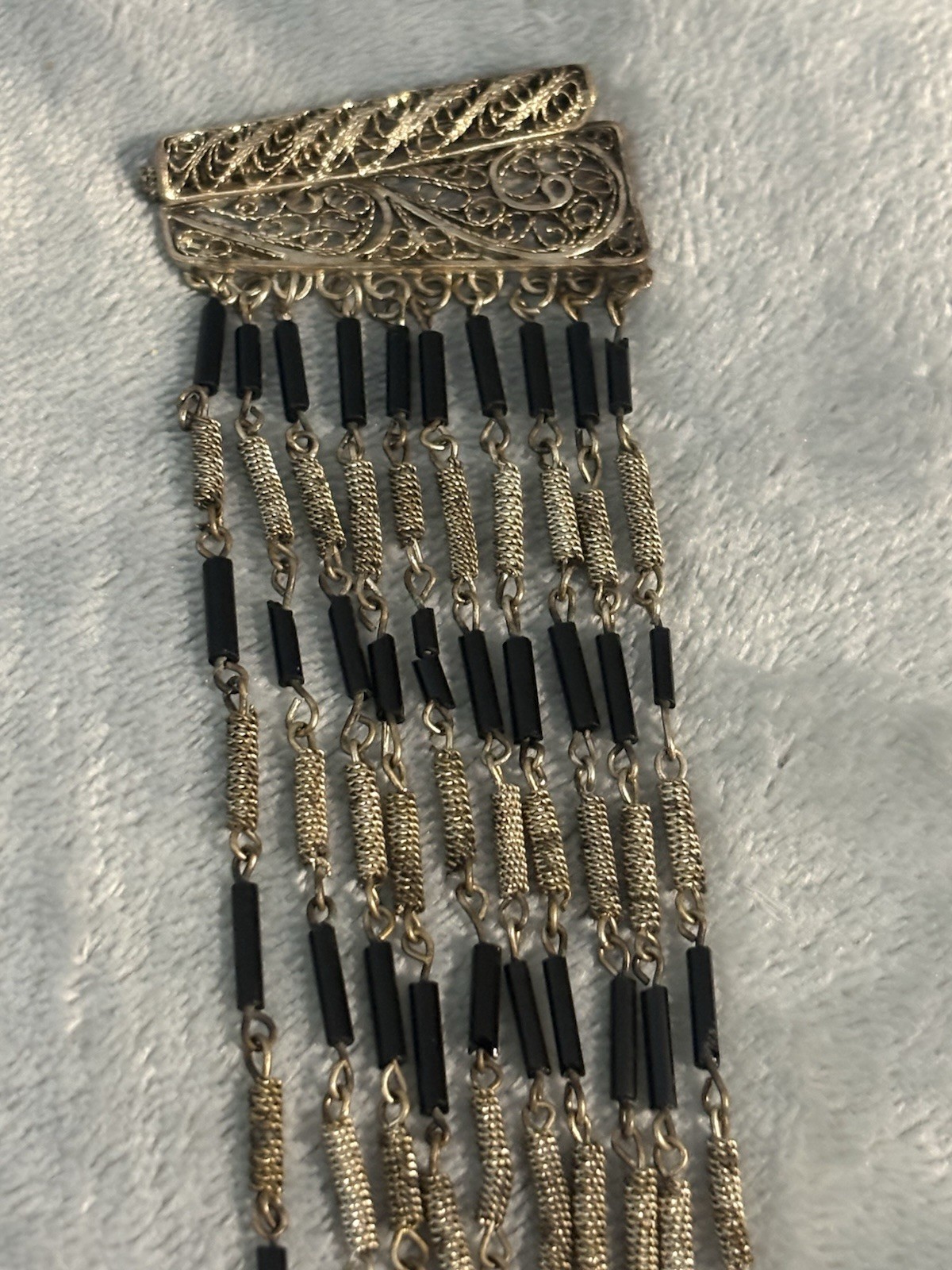 Vintage Multi Strand Wire Wrap Bracelet Filigree Black Tube Bead Metalwork 6.4”