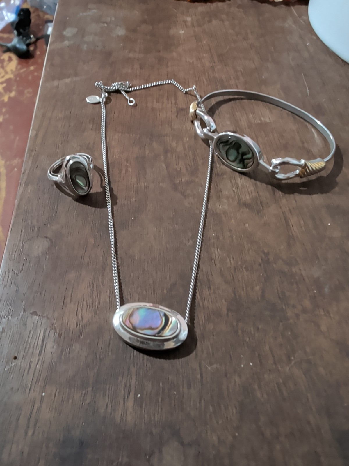 Vintage 1978 Avon Abalone Silvertone Pendant Necklace, Bracelet & Ring Set