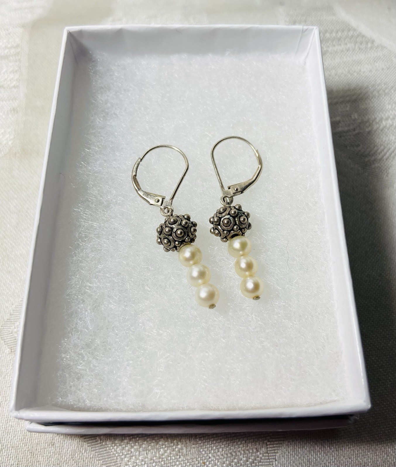 Vintage 925 Sterling Silver Pearl Dangle Earrings Bali Style Leverback 3/4″
