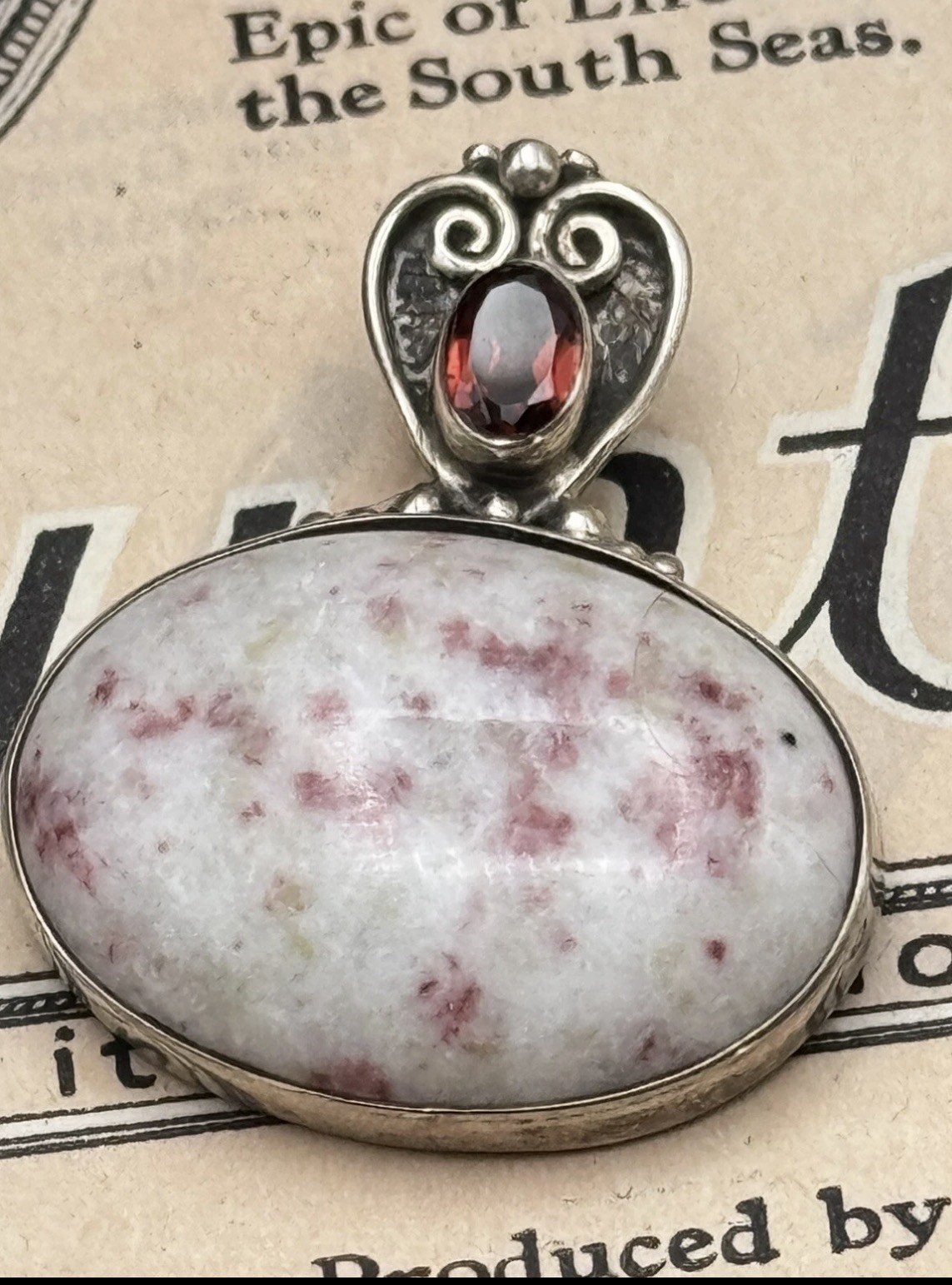 Vintage Pendant Sterling 925 Pink Flecked Stone Red Rhinestone ESTATE FIND