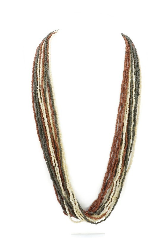 Vintage Necklace Silver Tone White Brown Green Seed Bead 31″