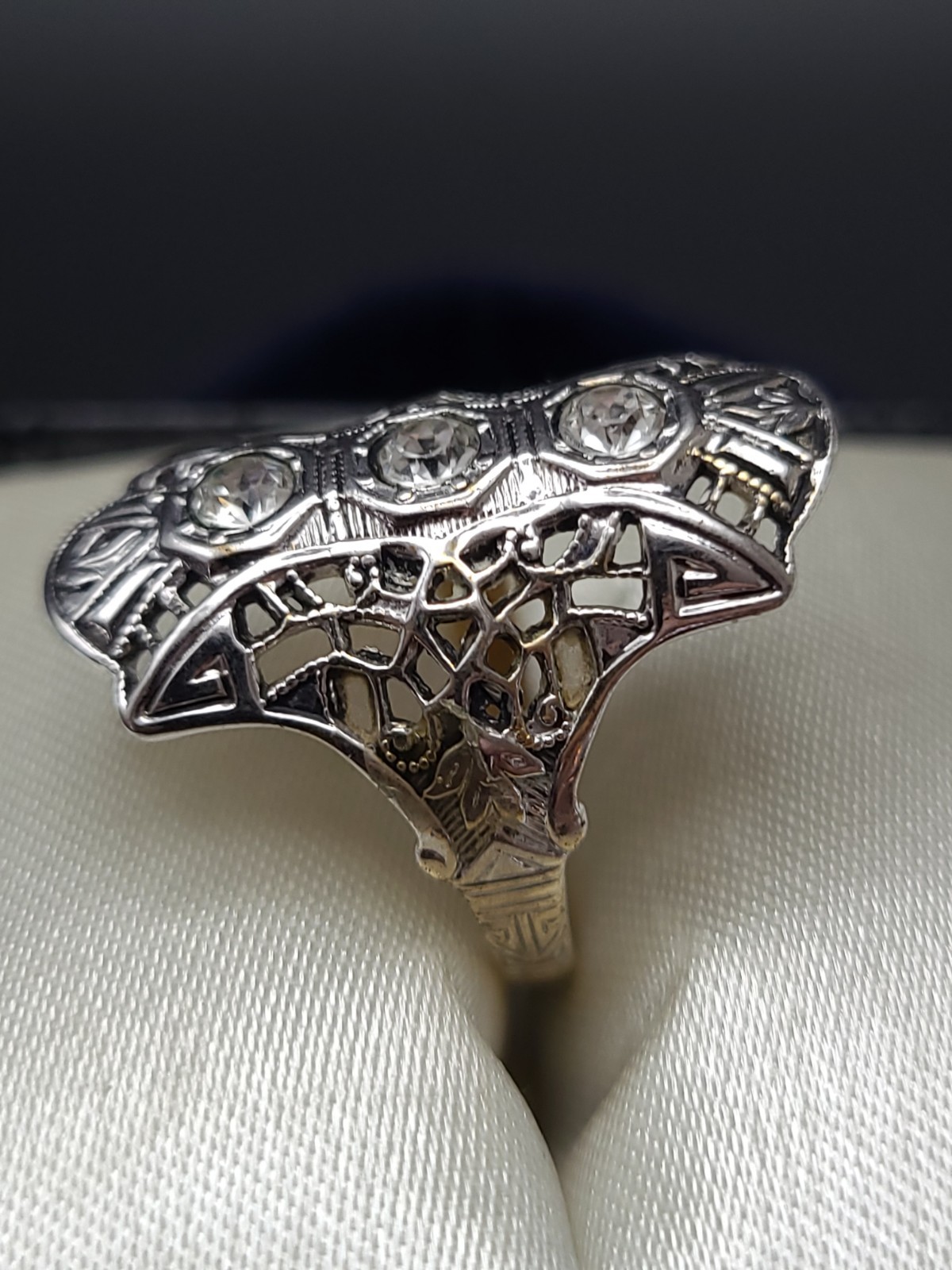 Vintage 14KT GE Art Deco Filigree Glass Stone Ring Size 6.5
