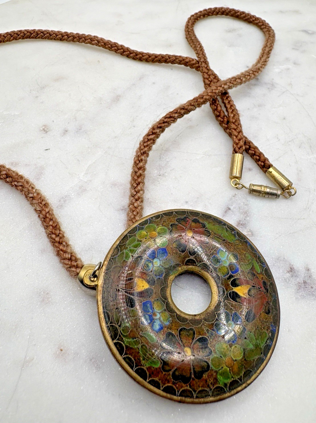 Vintage Cloisonné 1970s Large Hand Painted Enamel Floral Donut Pendant Necklace